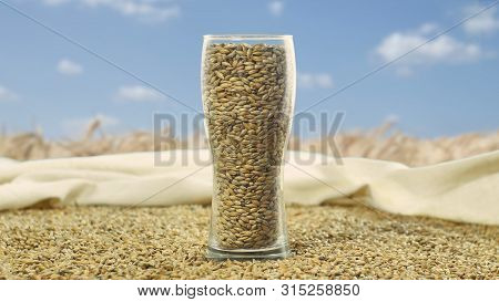 A Close-up Of A Beer Glass Filled With Malt Stands On A High-quality Malt, Surrounded By Flaxen Cato