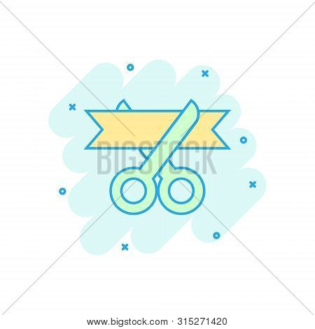 Scissors Icon In Comic Style. Cutting Ribbon Vector Cartoon Illustration On White Isolated Backgroun