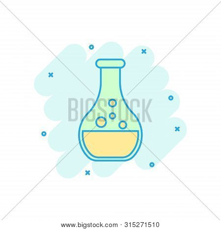 Chemistry Beakers Sign Icon In Comic Style. Flask Test Tube Vector Cartoon Illustration On White Iso