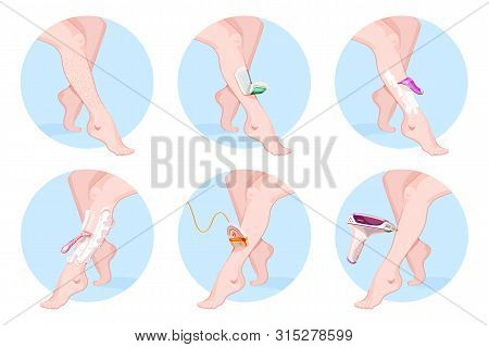 Epilation And Cosmetology, Beauty Salon Procedures Set. Laser And Wax Epilation Methods, Vector Cart