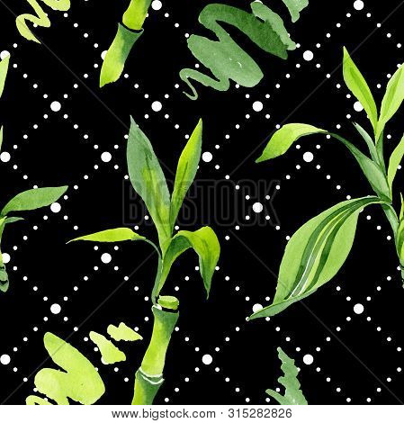 Bamboo Green Leaves. Watercolor Background Illustration Set. Seamless Background Pattern.