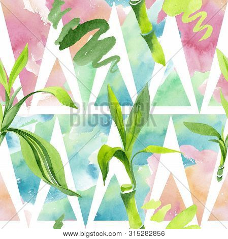 Bamboo Green Leaves. Watercolor Background Illustration Set. Seamless Background Pattern.