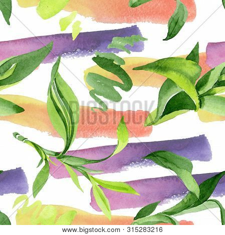 Bamboo Green Leaves. Watercolor Background Illustration Set. Seamless Background Pattern.
