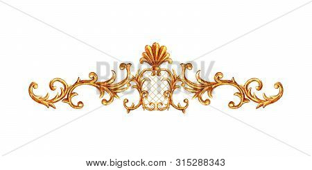 Gold Ornament Baroque Style Element Vignette. Watercolor Hand Drawn Vintage Engraving Floral Scroll 