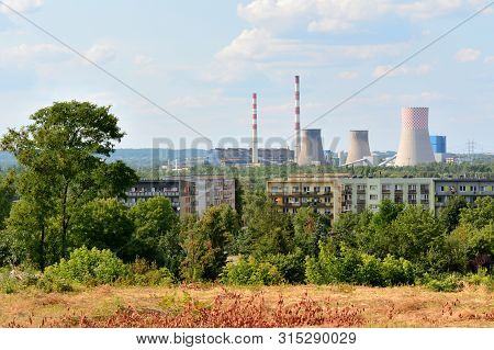 Bedzin Landscape With Houses And Power Plant, Electricity Production. Poland.
