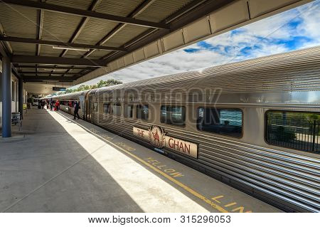 Adelaide Parklands Terminal, South Australia - August 4, 2019: The Ghan Train Ready To Depart For It