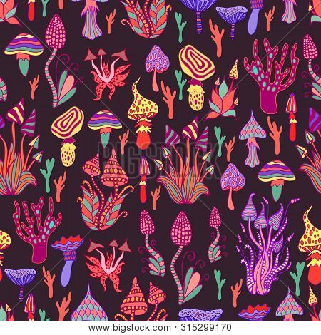 Hallucinogenic, Decorative, Fantastic Mushrooms, Each Mushroom Has Its Own Pattern. Psychedelic Mush