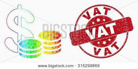 Dot Spectral Cash Mosaic Pictogram And Vat Seal Stamp. Red Vector Round Scratched Stamp With Vat Cap
