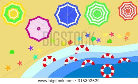 Top View Beach Background With Umbrellas, Balls, Swim Ring, Sunglasses, Surfboard, Hat, Sandals, Jui
