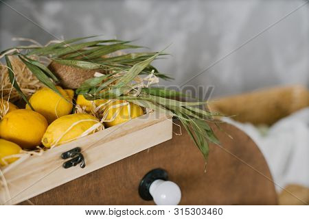 Yellow Lemons Lie In A Wooden Box, Copy Space