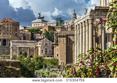 Rome, Italy, October, 7, 2018: View Of The Part Of The Roman Forum With The Temple Of Antoninus And 