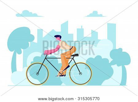 Man Cyclist Riding Bike Outdoors In Summer Day On Cityscape Background. Bicycle Active Sport Life An