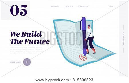 Education, Knowledge Concept For Website Landing Page. Woman Teacher Holding Huge Pen Put Excellent 