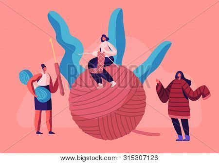 Tiny Girls With Knitting Needles Sitting On Huge Clew. Handcraft Hobby Concept Women Knitwork, Knit 