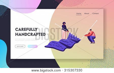 Women Enjoying Knitwork Hobby And Leisure Fun Website Landing Page. Tiny Female Characters Handcraft