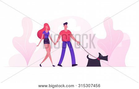 Loving Couple Walking With Dog In City Park In Sunny Summer Weather. Young Family Playing With Pet O