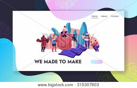 Handcraft Hobby Website Landing Page. Tiny Female Characters Knitwork With Huge Knitting Needles And