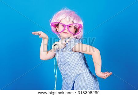 On Sound Wave With Technology. Small Child Wearing Wireless Stereo Headphones In Party Style. Techno