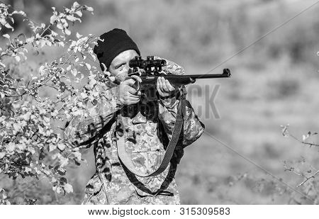 Hunting Skills And Weapon Equipment. How Turn Hunting Into Hobby. Bearded Man Hunter. Army Forces. C