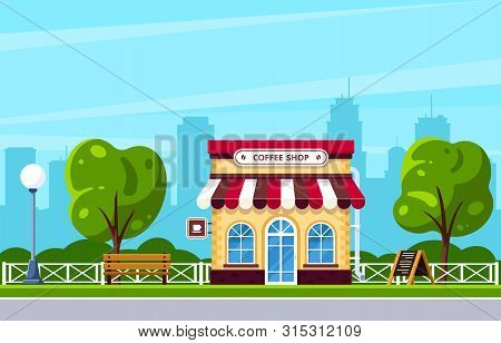 Coffee Shop Building Design. City Street Cafe. Big City Silhouette On Background. Flat Style Illustr