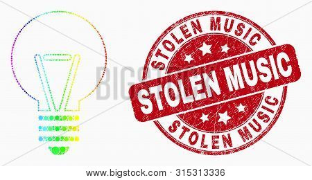 Dot Bright Spectral Electric Bulb Mosaic Icon And Stolen Music Seal. Red Vector Round Textured Seal 