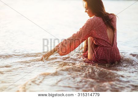 Young Slim Beautiful Woman On Sunset Beach, Playful, Dancing, Running, Bohemian Outfit, Indie Style,