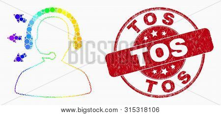 Dot Rainbow Gradiented Radio Operator Mosaic Icon And Tos Seal. Red Vector Round Grunge Seal With To