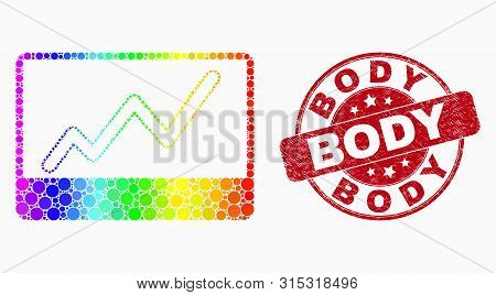 Dot Rainbow Gradiented Stocks Chart Mosaic Pictogram And Body Seal. Red Vector Rounded Distress Seal