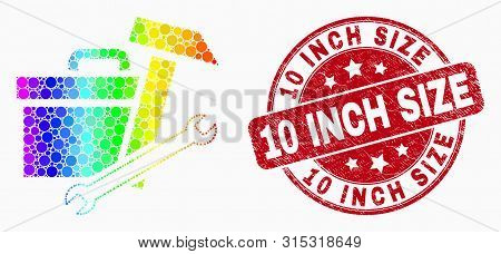 Dot Rainbow Gradiented Toolbox Mosaic Icon And 10 Inch Size Seal Stamp. Red Vector Rounded Distress 