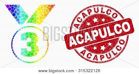 Dot Spectrum Third Place Award Mosaic Pictogram And Acapulco Seal Stamp. Red Vector Rounded Textured