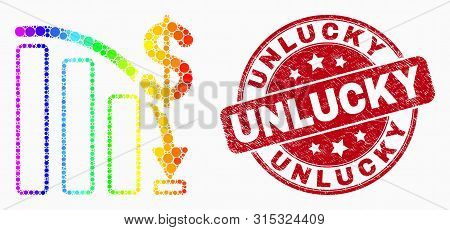 Dotted Rainbow Gradiented Crisis Bar Chart Mosaic Icon And Unlucky Seal. Red Vector Rounded Grunge S
