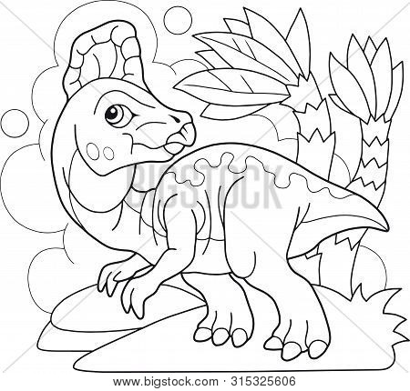Cartoon Cute Prehistoric Dinosaur Corythosaurus, Coloring Book, Funny Illustration