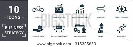 Business Strategy Icon Set. Contain Filled Flat Business Vision, Business Mission, Business Forecast