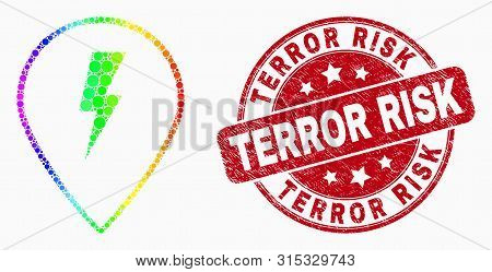 Dotted Spectrum Electric Map Marker Mosaic Icon And Terror Risk Seal. Red Vector Round Grunge Seal S