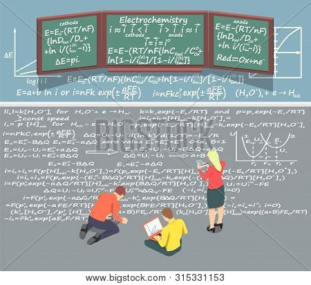 The Student Writes The Formulas With Chalk On The Floor, While Other Students Help Him.