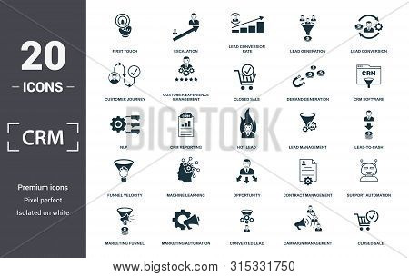Crm Icon Set. Contain Filled Flat Campaign Management, Closed Sale, Converted Lead, Crm Software, Cu