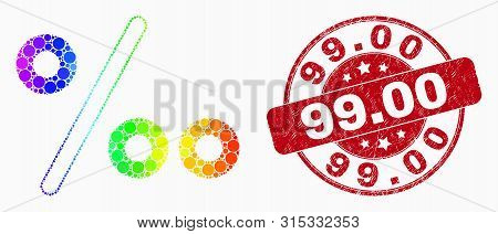 Pixel Bright Spectral Per Mille Mosaic Icon And 99.00 Stamp. Red Vector Round Distress Stamp With 99