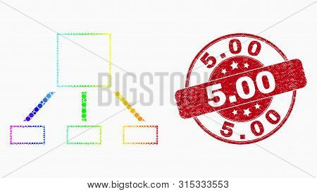 Pixel Rainbow Gradiented Hierarchy Mosaic Pictogram And 5.00 Stamp. Red Vector Rounded Distress Seal