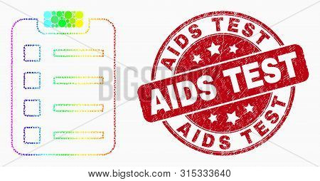 Pixel Rainbow Gradiented Items Pad Mosaic Icon And Aids Test Seal Stamp. Red Vector Round Scratched 