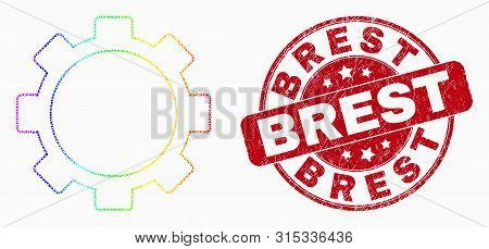 Pixel Spectral Setup Tools Mosaic Icon And Brest Stamp. Red Vector Rounded Distress Seal Stamp With 