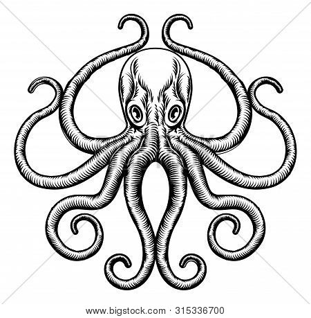 An Original Octopus Or Squid Tattoo Illustration Concept Design In A Vintage Woodblock Style