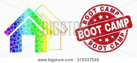 Pixel Spectrum Houses Mosaic Pictogram And Boot Camp Seal Stamp. Red Vector Round Grunge Stamp With 