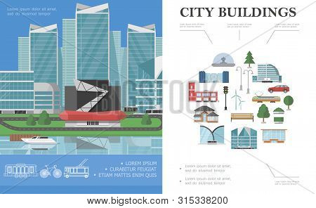 Flat City Colorful Concept With Yacht On Water Near Modern Hotel Municipal Buildings Poles Tram Car 