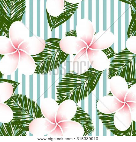 Pastel Striped Vector Tropical Pattern. Plumeria, Frangipani.