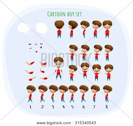 Cute Young Male Boy Character Set For Animation With Various Views,, Emotions, Poses And Gestures An