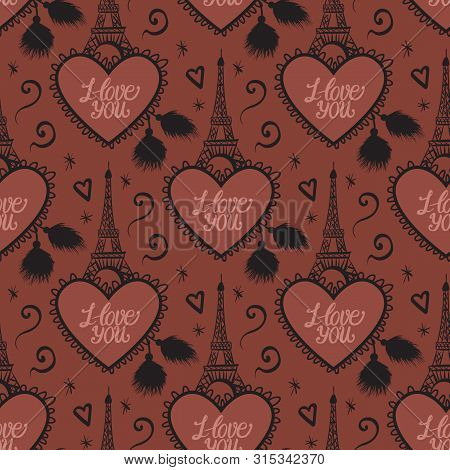 Chocolate Paris Seamless Pattern. Vector Eiffel Tower With Heart I Love You. Sweet Love Texture