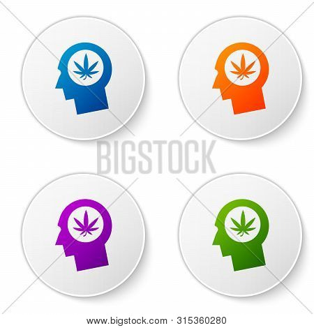 Color Silhouette Of Male Head In Profile With Marijuana Or Cannabis Leaf Icon Isolated On White Back