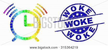 Pixelated Spectrum Alarm Clock Mosaic Icon And Woke Seal Stamp. Blue Vector Round Scratched Seal Wit