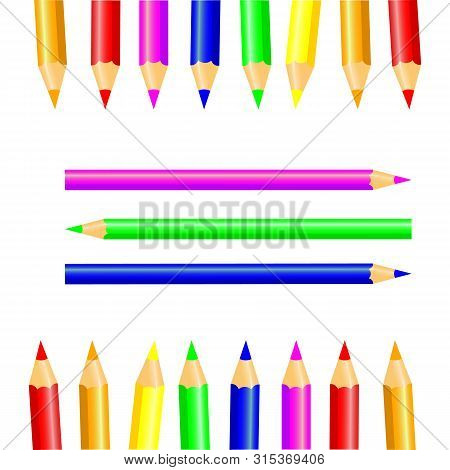 Vector Frame, Template For Diploma, Certificate And Other With Lot Of Pencils Of Rainbow Colors On A