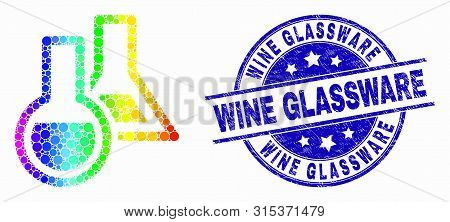Pixelated Bright Spectral Chemical Glassware Mosaic Pictogram And Wine Glassware Stamp. Blue Vector 